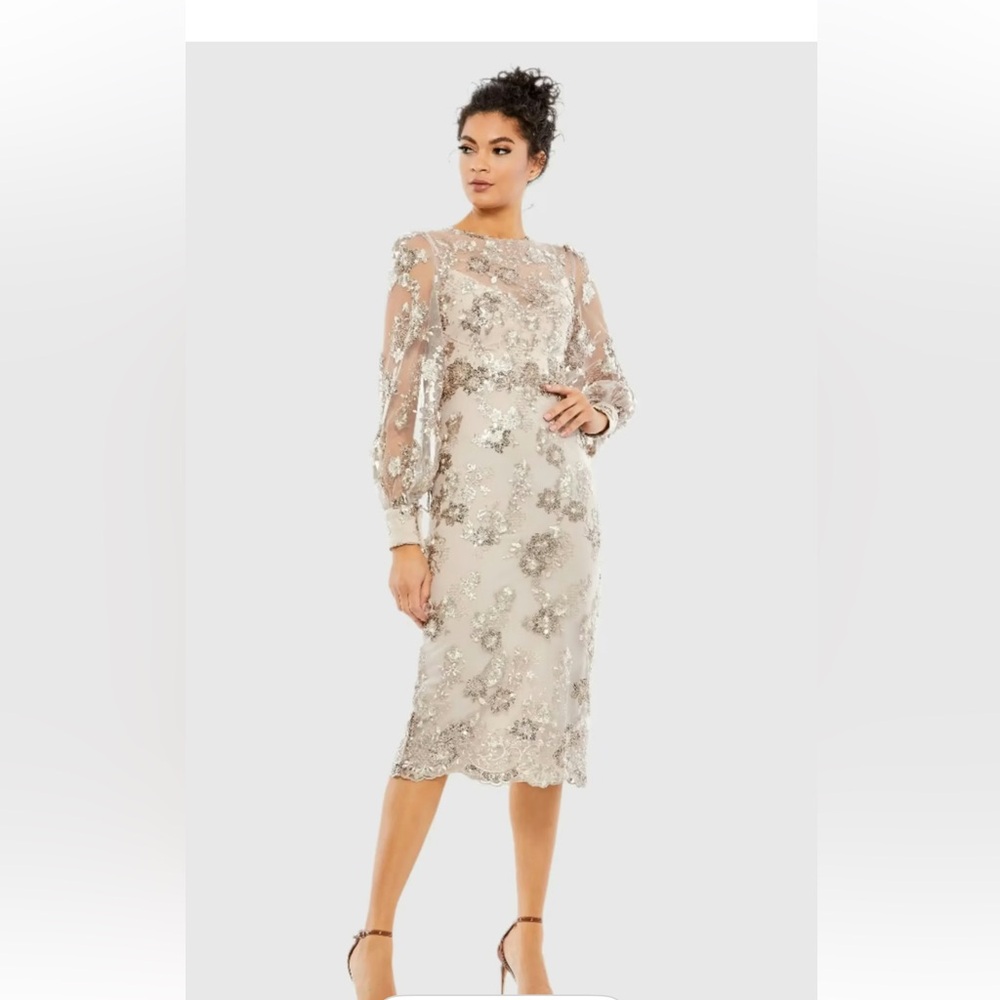 Mac Duggal Embellished High Neck Long Sleeve MIDI Dress. 4. Brand new.